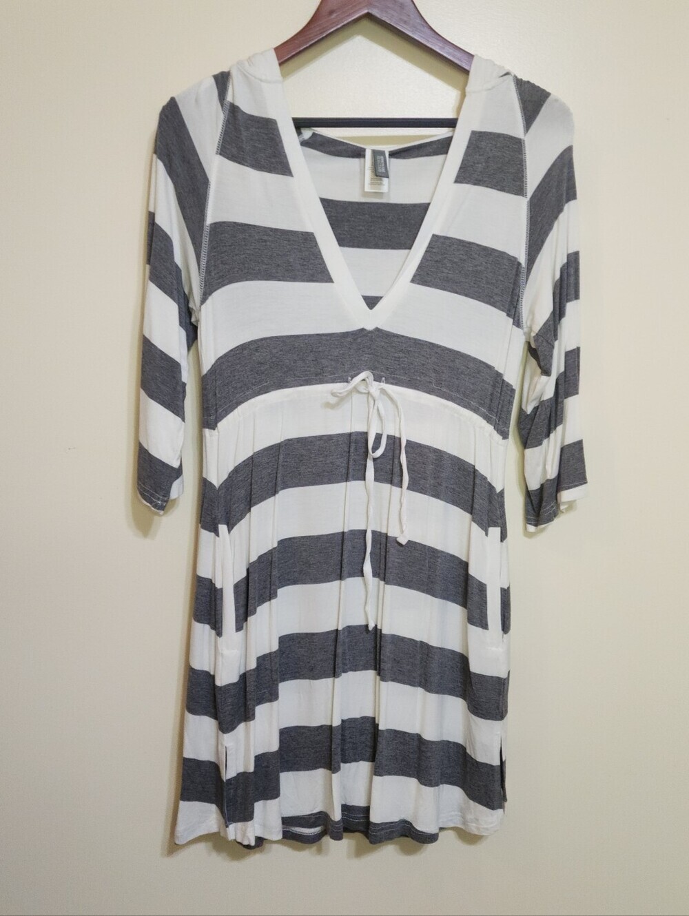 Beach Cover Up Hooded Kenneth Cole Reaction Grey White Nautical Striped Size S